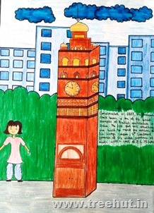 Hussainabad Clock tower Lucknow in art by child Saima Siddiqui Study Hall school India