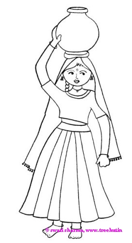 Indian girl fetching water in a pot Rajasthan coloring page