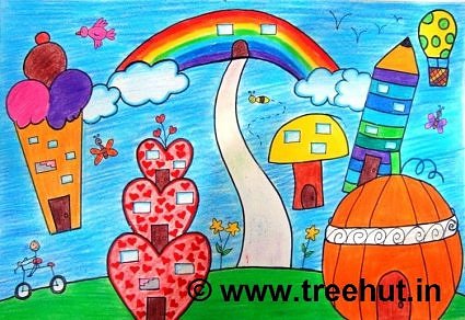 Child art, Rainbow Cityscape in crayon colors