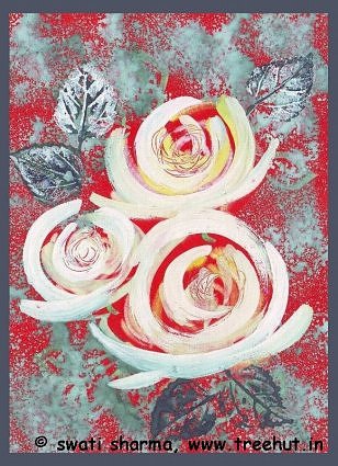 Leaf printing and water color roses art idea for Christmas card