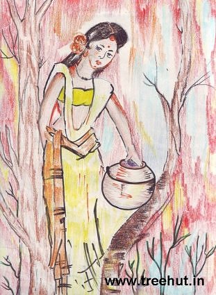Indian girl in jungle art by child  Yashonidhi 
