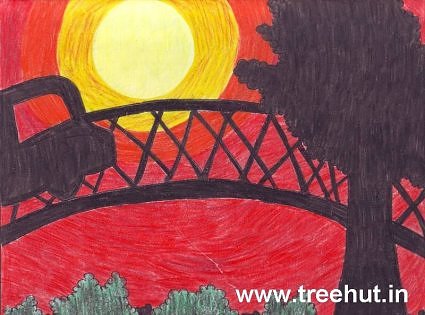 Artwork Sunset scene car on bridge by child Nikita Khanna