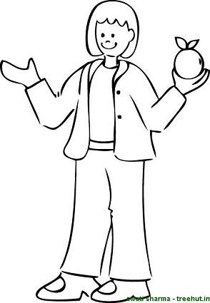 girl holding apple like scientist Newton coloring page