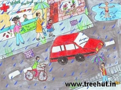 rainy day road scene kids art painting