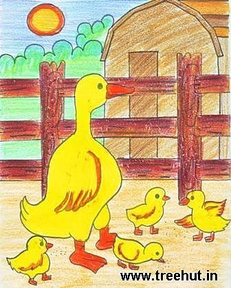 kids artwork duck and ducklings with crayons