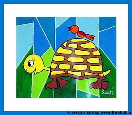 tortoise and bird friends in modern art for kids room